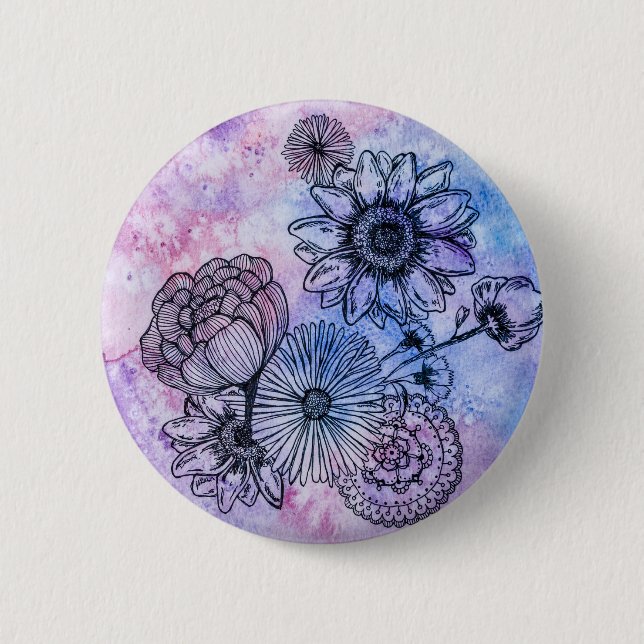 Blumenillustration auf Aquarell durch Megaflora Button (Vorderseite)