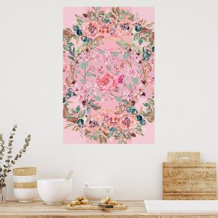 Blumenillustration, rosa Blumenkranz Poster