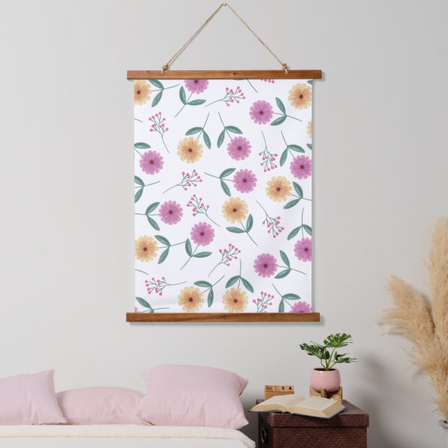 Blumenillustration Wandteppich Mit Holzrahmen (Schlafzimmer)