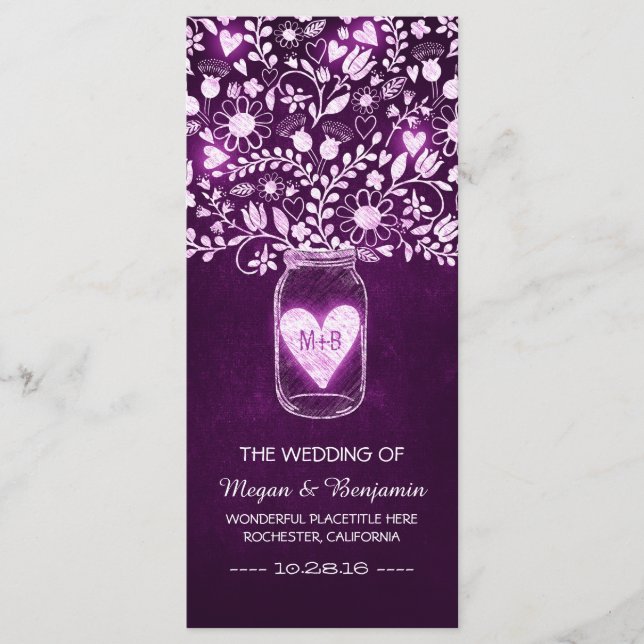 Blumenjar lila Hochzeitsfeier Programm (Vorderseite)