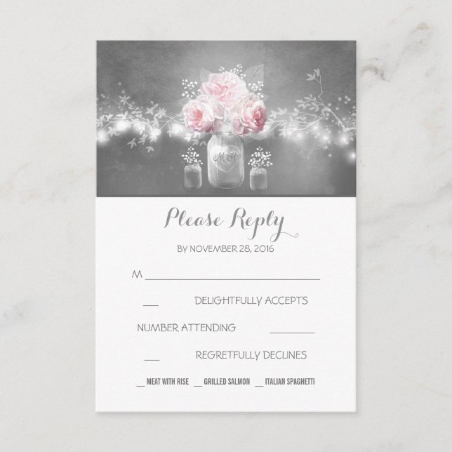 Blumenjar rustikale Saitenleuchten Hochzeit RSVP Karte (Vorderseite)