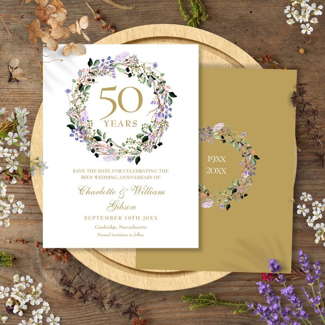 Blumenjubiläum 50. Hochzeit Save the Date Ankündigungspostkarte (Floral 50th Wedding Anniversary Save the Date Announcement Postcard)