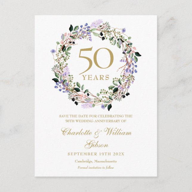 Blumenjubiläum 50. Hochzeit Save the Date Ankündigungspostkarte (Vorderseite)