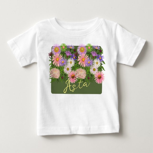 Blumenjungen T - Shirt Pink Asters & ihr Name (Vorderseite)