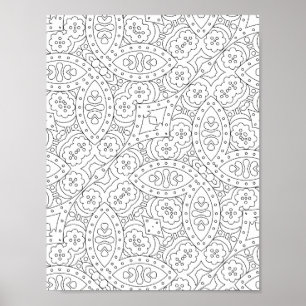 Blumenkachel-Muster-Malvorlage mit Herz-Motiv Poster