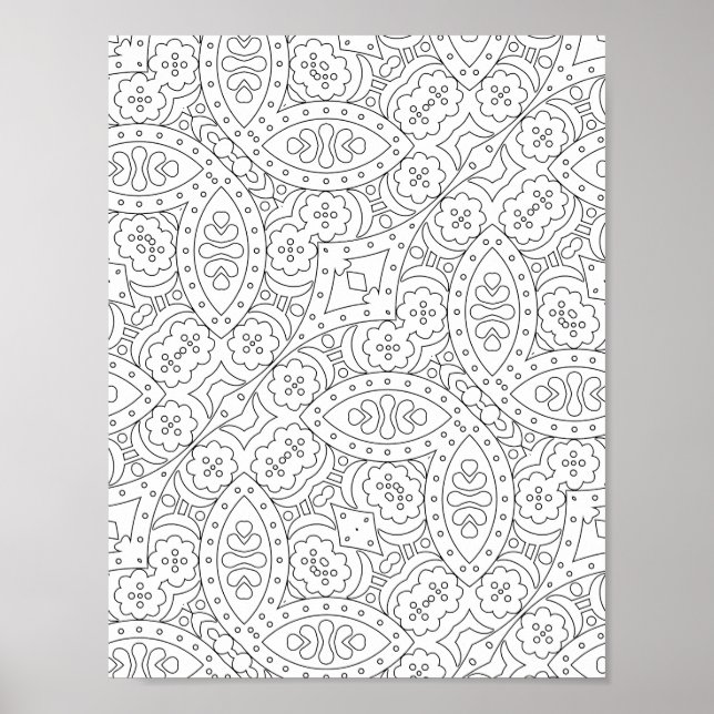 Blumenkachel-Muster-Malvorlage mit Herz-Motiv Poster (Vorne)