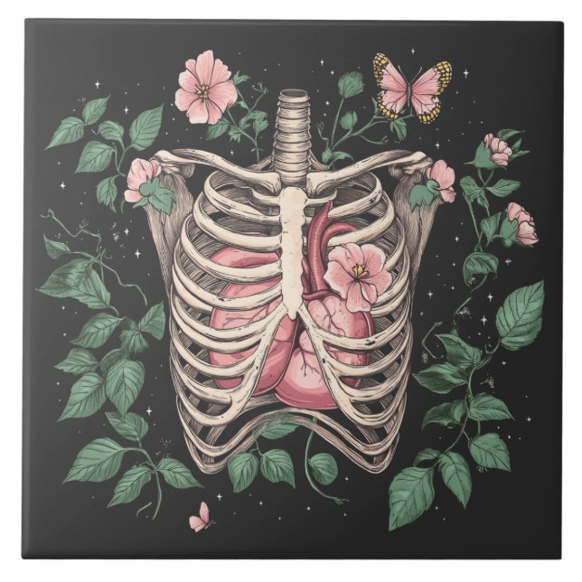 Blumenkäfig und Herz Botanische Illustration Fliese (Vorderseite)