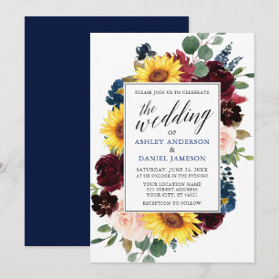 Blumenkalligrafie Hochzeit Blau Einladung