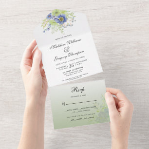 Blumenkalligrafie Sage Green Moody Blue All In One Einladung