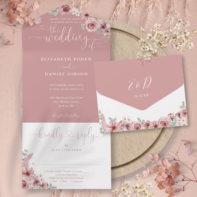 Blumenkalligrafie-Skript Dusty Rose Hochzeit All In One Einladung (Floral Calligraphy Script Dusty Rose Wedding All In One Invitation)