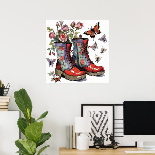 Blumenkämpferstiefel mit Blume und Schmetterlingen Poster