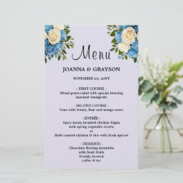 Blumenkarte für Hochzeitsmenüs in Blau und Weiß