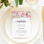 Blumenkarte im Sommer Menükarte<br><div class="desc">Die zauberhafte Blumenkarte im Sommer zeigt Ihre Dinnerauswahl in schicker Kalligraphie und traditioneller Blockschrift,  die durch eine obere Grenze von pastellfarbenen Aquarellfarben und Blattwerk in den Farbtönen Rosa,  Pfirsich und Salbei grün hervorgehoben wird. Entworfen,  um unsere elegante Blumenkollektion im Mittelsommer zu ergänzen.</div>