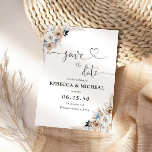 Blumenkarte von Elfenbein und Blue Boho Save the D Date