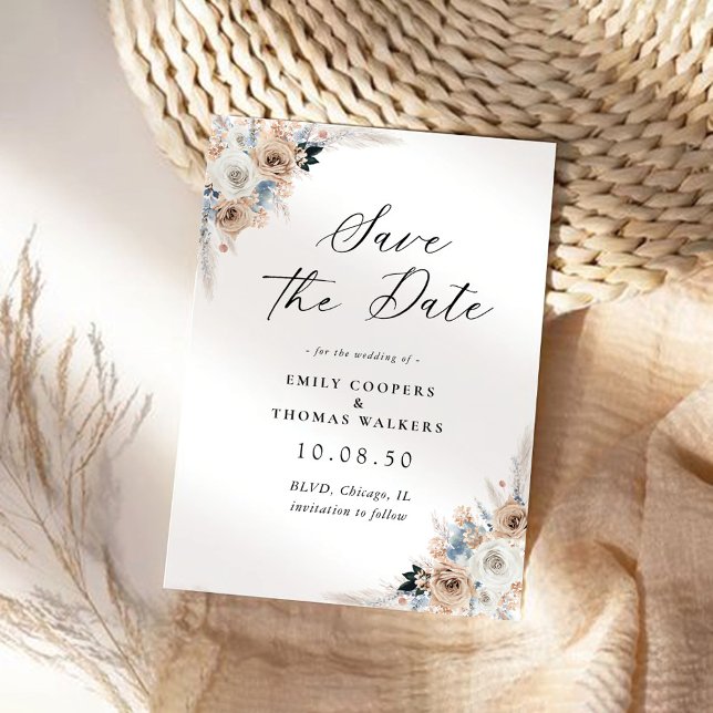 Blumenkarte von Elfenbein und Blue Boho Save the D Save The Date (Von Creator hochgeladen)