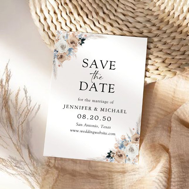Blumenkarte von Elfenbein und Blue Boho Save the D Save The Date (Von Creator hochgeladen)