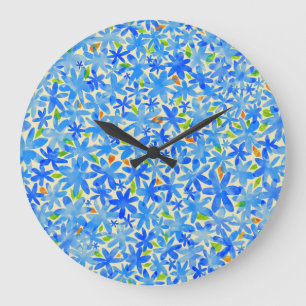 Blumenkaskade: Blaue Blumen Nahtloses Muster Große Wanduhr