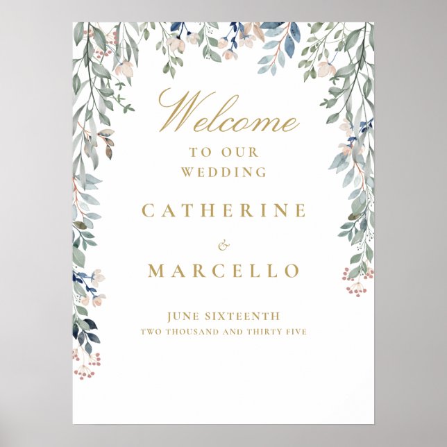 Blumenkaskade Gold Hochzeit Willkommenszeichen Poster (Vorne)