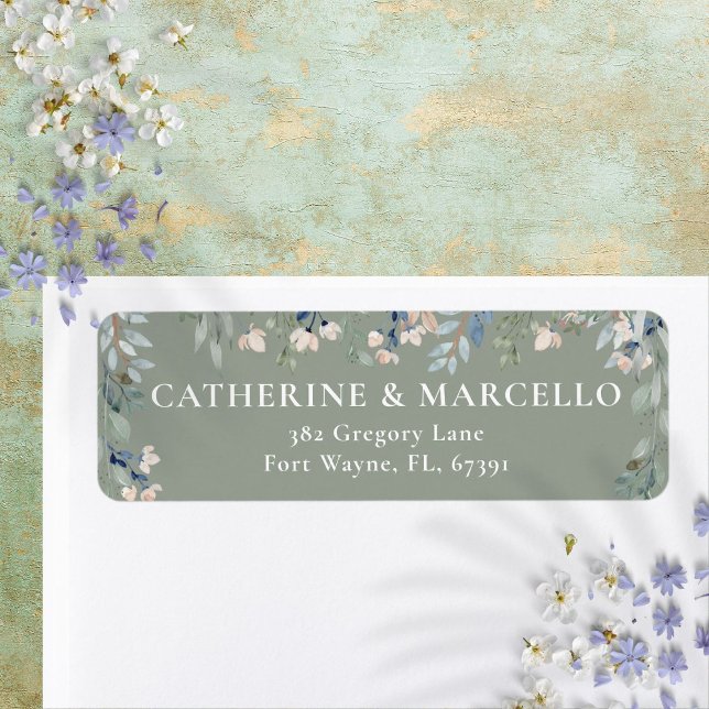 Blumenkaskade-Sage Green Wedding-Rücksendeadresse (Floral Cascade Sage Green Wedding Return Address Label)