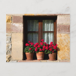 Blumenkästen am Fenster im Dorf Postkarte