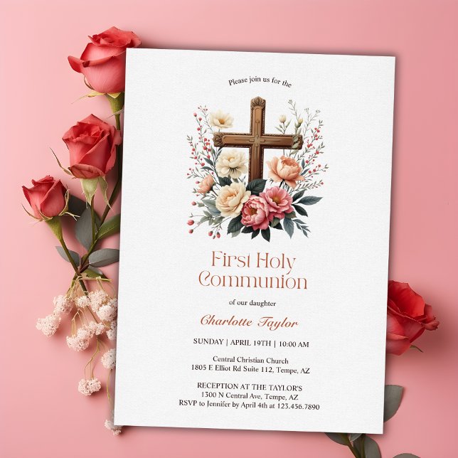Blumenkatholisches Kreuzritual Erste Heilige Kommu Einladung (Floral Catholic Cross First Holy Communion Invitation)