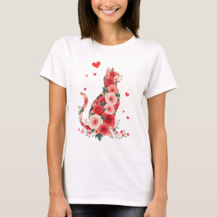 Blumenkatze Silhouette Rosen Herzen Liebe T-Shirt
