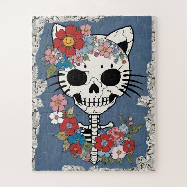 Blumenkatze Skelett mit Spitzen und Denim Puzzle (Vertikal)