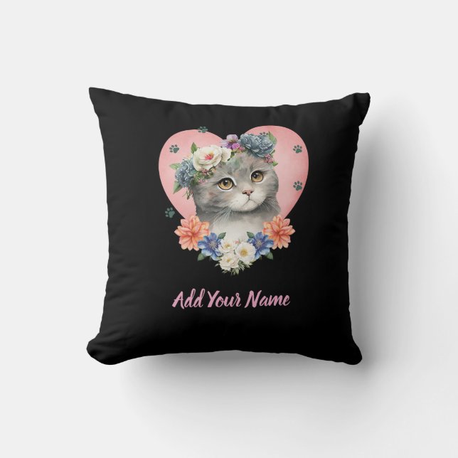 Blumenkatze T-Shirt Kissen (Vorderseite)