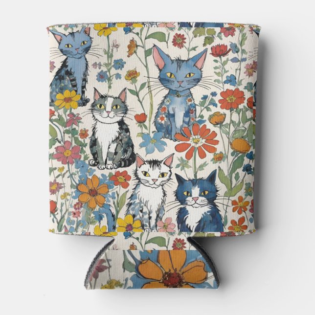 Blumenkatzen-Illustration mit Wildblumen und Katze Dosenkühler (Vorderseite)
