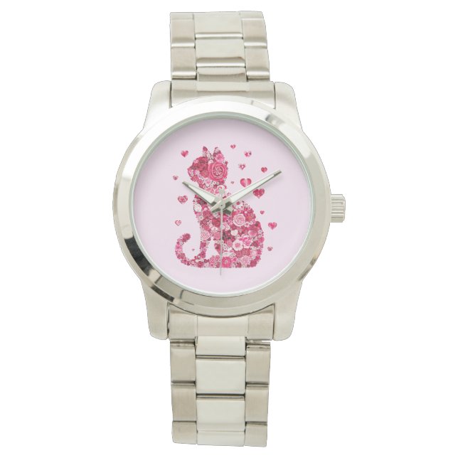 Blumenkatzen Silhouette ArtFaux überzogene Canvas  Armbanduhr (Vorderseite)