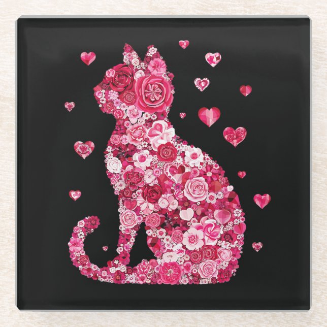 Blumenkatzen Silhouette ArtFaux überzogene Canvas  Glasuntersetzer (Vorderseite)