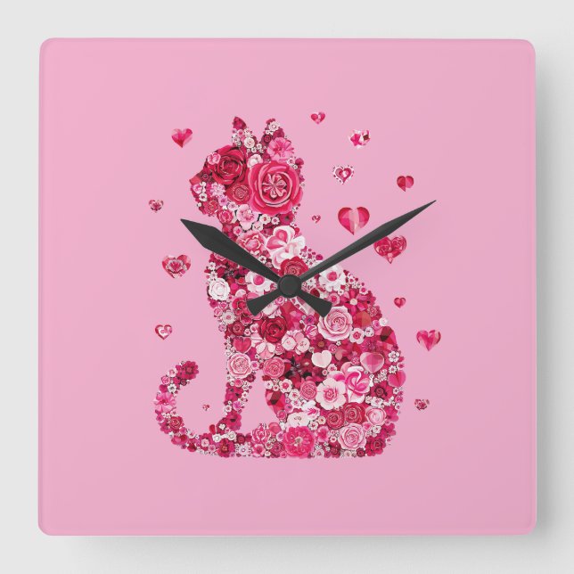 Blumenkatzen Silhouette ArtFaux überzogene Canvas  Quadratische Wanduhr (Vorderseite)