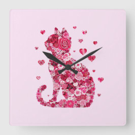 Blumenkatzen Silhouette ArtFaux überzogene Canvas Quadratische Wanduhr