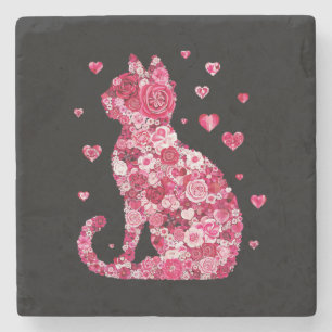 Blumenkatzen Silhouette ArtFaux überzogene Canvas  Steinuntersetzer