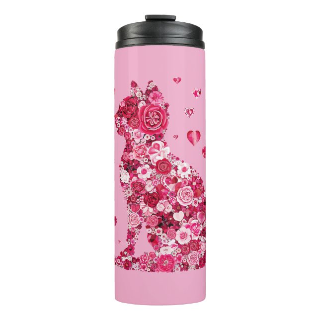 Blumenkatzen Silhouette ArtFaux überzogene Canvas  Thermosbecher (Vorderseite)