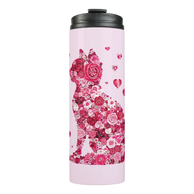 Blumenkatzen Silhouette ArtFaux überzogene Canvas  Thermosbecher (Vorderseite)