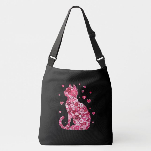 Blumenkatzen Silhouette ArtFaux überzogene Canvas  Tragetaschen Mit Langen Trägern (Vorderseite)