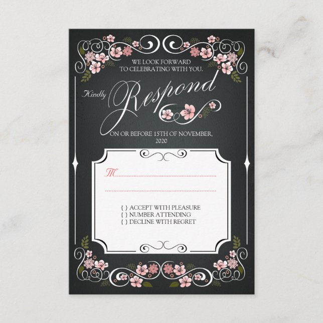 Blumenkhalkboard Vintag, kühl, Hochzeit RSVP Karte (Vorderseite)