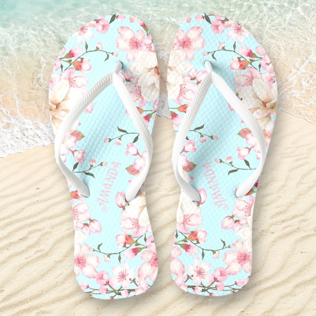 Blumenkirsche Blossom Name Pink Blue Flip Flops (Floral Cherry Blossom Name Pink Blue Flip Flops)