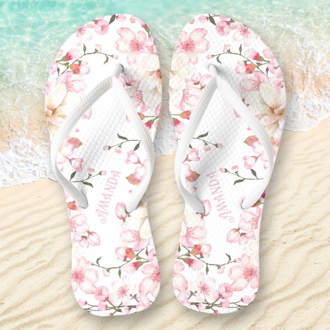 Blumenkirsche Blossom Name Rosa Weiß Flip Flops (Floral Cherry Blossom Name Pink Flip Flops)