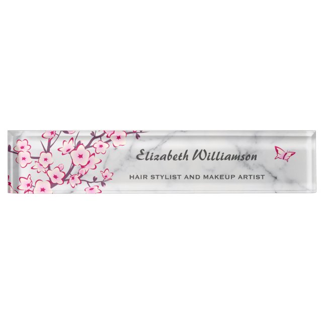 Blumenkirsche Blossom Pink Gray Marmor Namensplakette (Vorderseite)
