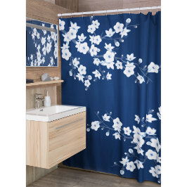Blumenkirsche Blüten Navy White Classic Duschvorhang