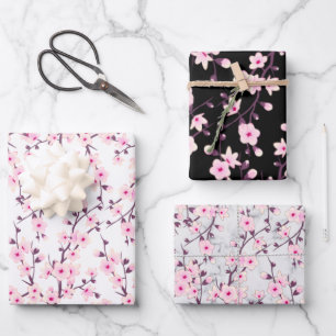 Blumenkirsche Blüten Rosa Schwarz Grau Geschenkpapier Set
