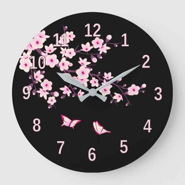 Blumenkirsche Blüten Rosa Schwarz Große Wanduhr (Vorderseite)
