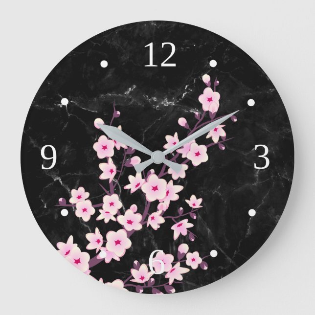 Blumenkirsche Blüten Rosa schwarzer Marmor Große Wanduhr (Vorderseite)