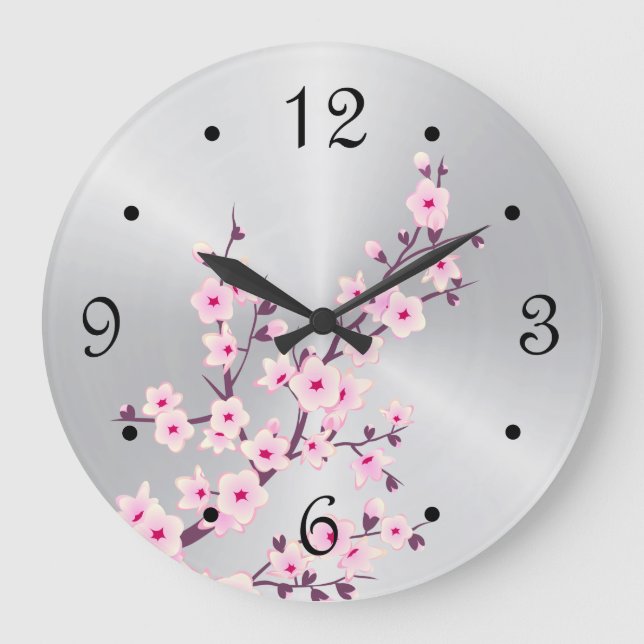 Blumenkirsche Blüten Rosa Silber Große Wanduhr (Vorderseite)