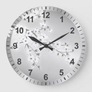 Blumenkirsche Blüten Silber Zahlen Große Wanduhr