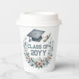 Blumenklasse mit Graduierungspapier und Diplom Pappbecher