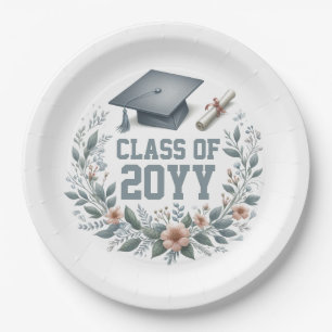 Blumenklasse mit Graduierungspapier und Diplom Pappteller