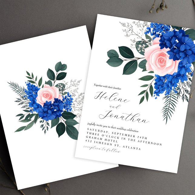 Blumenkobalt Blauer Rosa Garten Elegante Hochzeit Einladung (Floral Cobalt Blue Pink Garden Elegant Wedding Invitation)